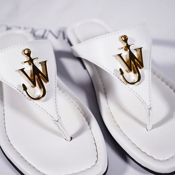 JW ANDERSON Shoes - JW Anderson Leather Thong Sandals White Gold Anchor Logo Womens Size 36 Designer